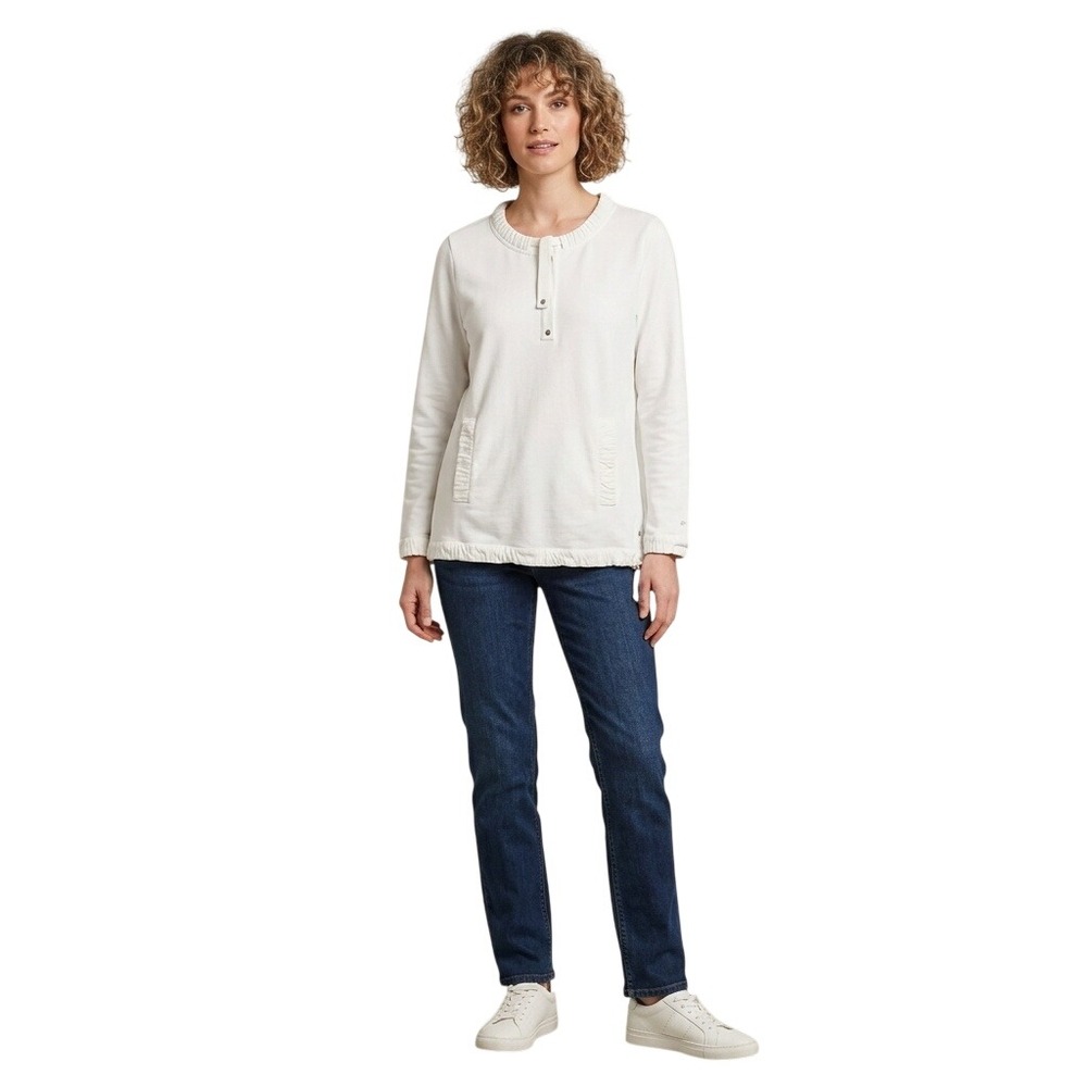 Neon Buddha Women's Small White Ruffle Neck Snap Front Pocket Drawstring Hem Top